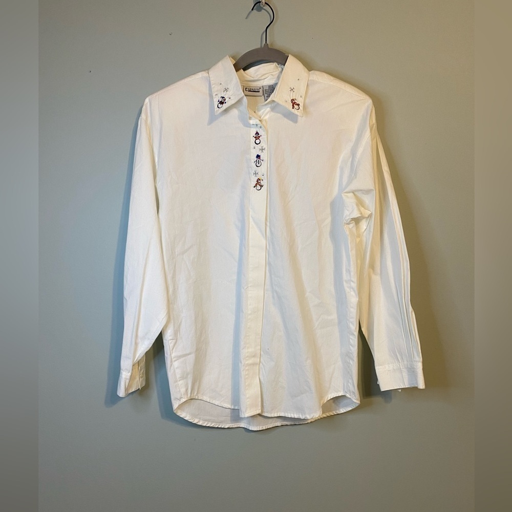 Vintage Capacity Embroidered Snowman Shoulder Pad Button Up Shirt, White, Med